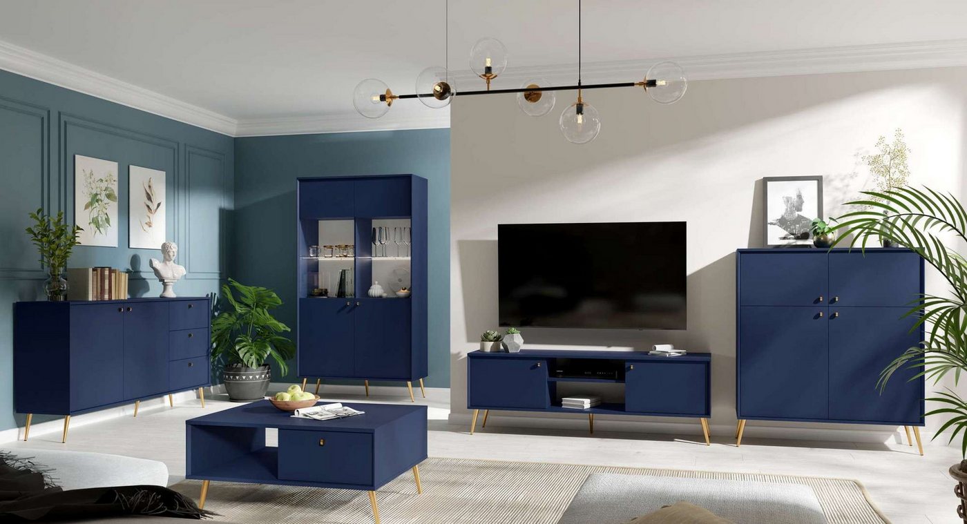 Home affaire Kommode ROMILDA Sideboard mit 3 Schubladen und 2 Türen, B/T/H: 156/40,5/89 cm, Kommode mit goldenen Griffen auf goldenen Füßen, viel Stauraum – Bild 3 von 5