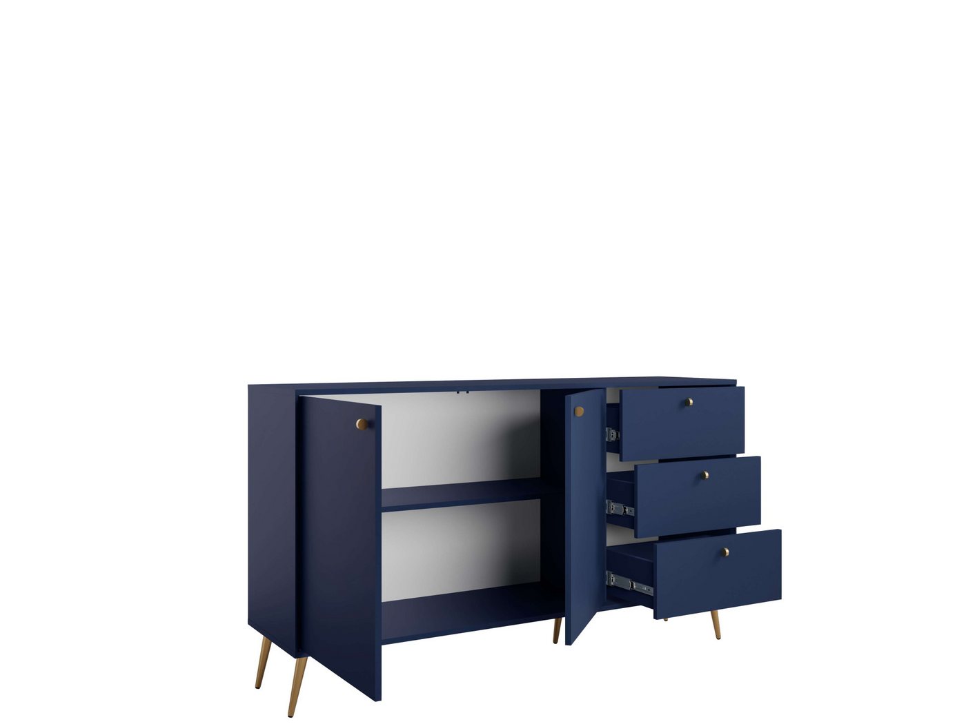 Home affaire Kommode ROMILDA Sideboard mit 3 Schubladen und 2 Türen, B/T/H: 156/40,5/89 cm, Kommode mit goldenen Griffen auf goldenen Füßen, viel Stauraum – Bild 4 von 5