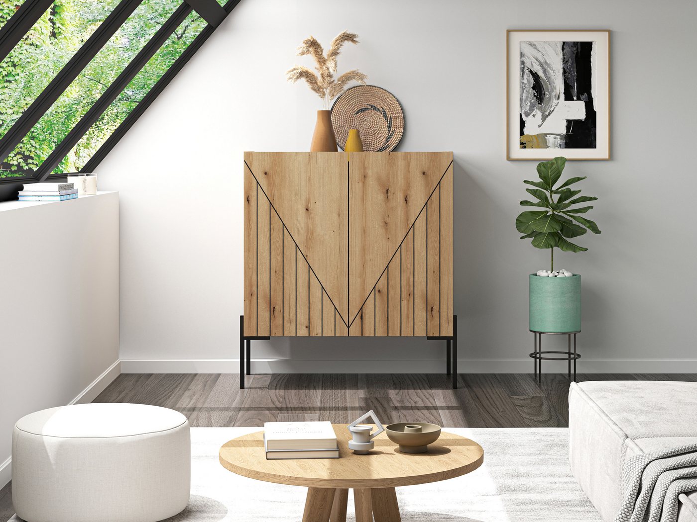 Home affaire Kommode SNETT, Höhe: 91cm, mit Metall-Stabfüßen, 2 Türen, 2 Einlegeböden, Anrichte, Sideboard, Schrank, Board, Highboard – Bild 2 von 5