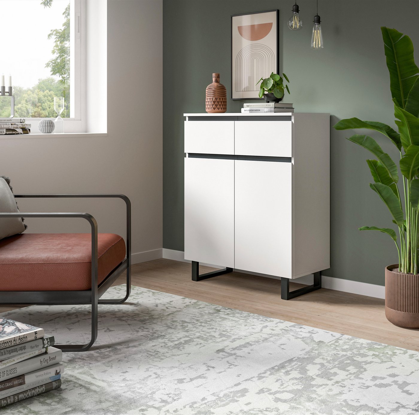 Home affaire Kommode TOMA, Höhe: 99cm, mit Metall-Kufen-Fuß, 2 Türen, 2 Schubkästen, Anrichte, Sideboard, Schrank, Board, Highboard – Bild 2 von 5