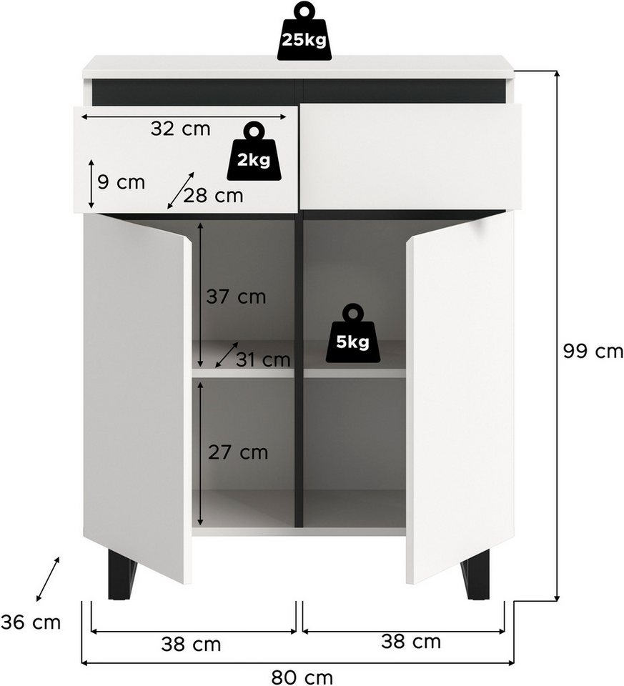 Home affaire Kommode TOMA, Höhe: 99cm, mit Metall-Kufen-Fuß, 2 Türen, 2 Schubkästen, Anrichte, Sideboard, Schrank, Board, Highboard – Bild 5 von 5