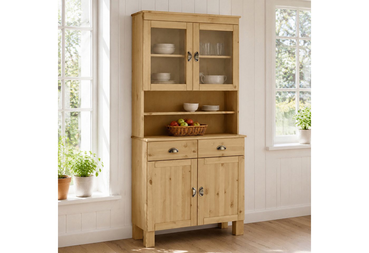 Home affaire Küchenbuffet Oslo 85 cm breit, aus massiver Kiefer, mit 2 Glastüren, Metallgriffe – Bild 2 von 5