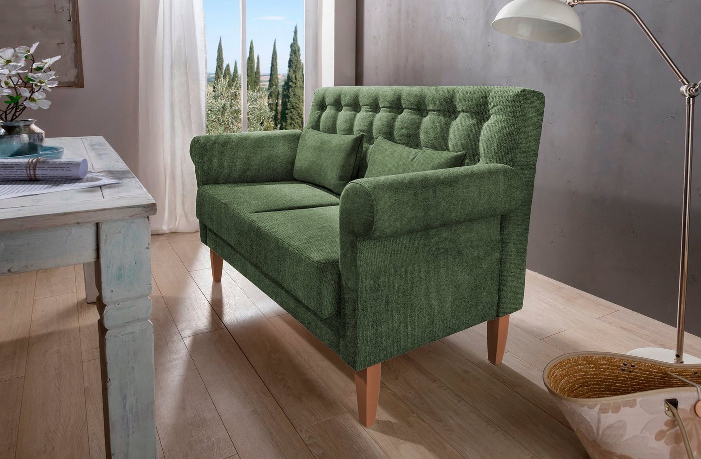 Home affaire Küchensofa Scalea Breite 157cm, Komfortsitzhöhe 55cm, Knopfheftung im Rücken, inkl. 2 Stk. Zierkissen, in verschiedenen Stoffen und Farben – Bild 2 von 5