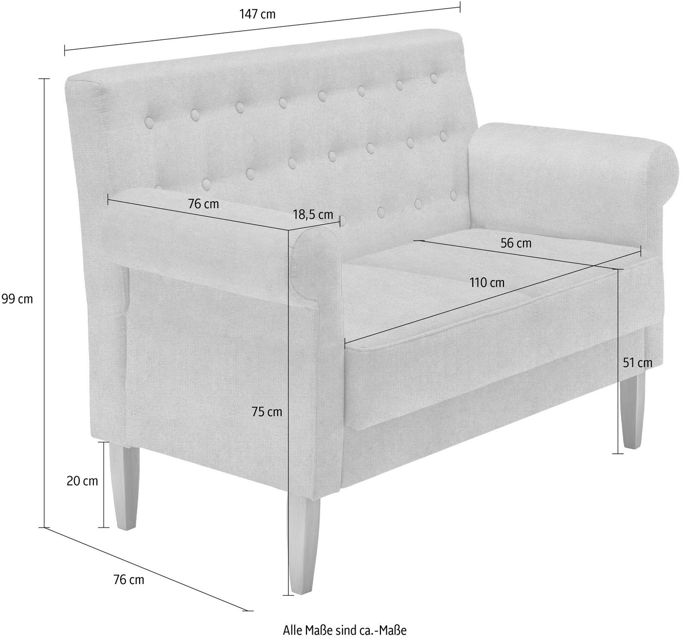 Home affaire Küchensofa Scalea Breite 157cm, Komfortsitzhöhe 55cm, Knopfheftung im Rücken, inkl. 2 Stk. Zierkissen, in verschiedenen Stoffen und Farben – Bild 5 von 5