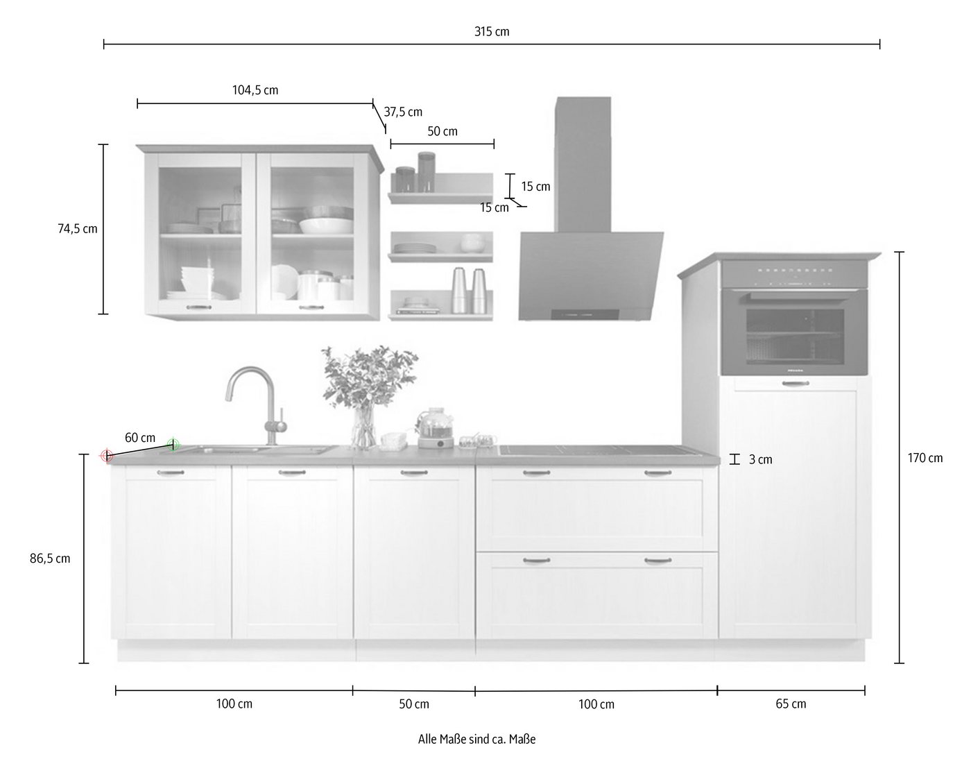 Home affaire Küchenzeile Teramo, (Set), Breite 315 cm, Kiefer massiv, mit Arbeitsplatte – Bild 5 von 5