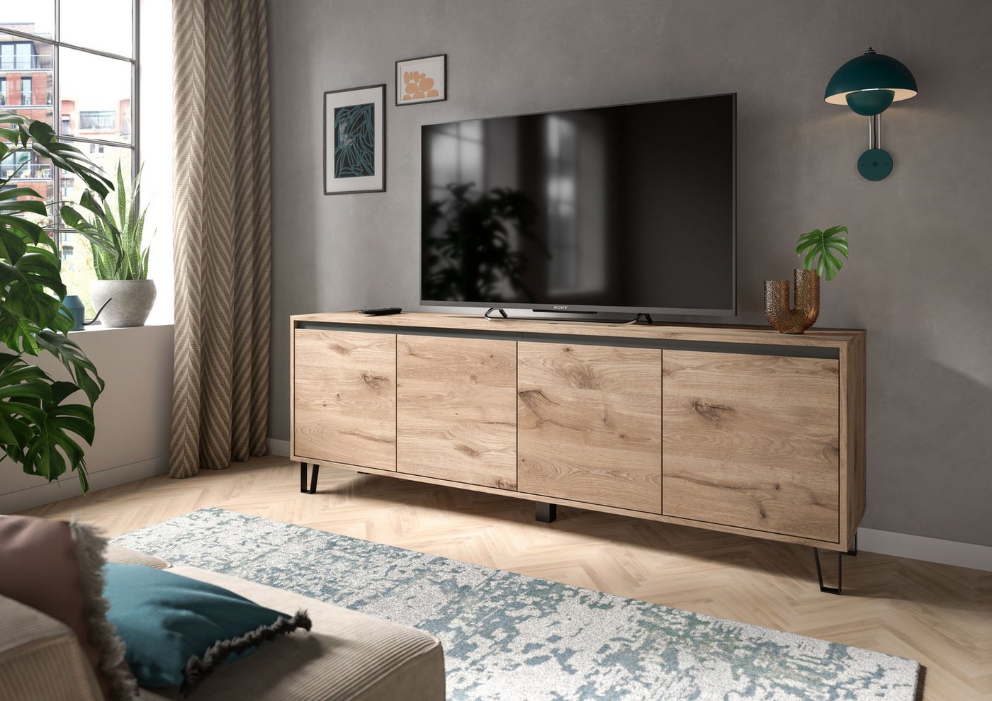 Home affaire Lowboard BALTIC, Breite 184cm, grifflose Fronten, Metall-Füße,4 Türen, 4 Fächer, TV-Möbel, TV-Schrank, TV-Lowboard, Mediaboard – Bild 2 von 5