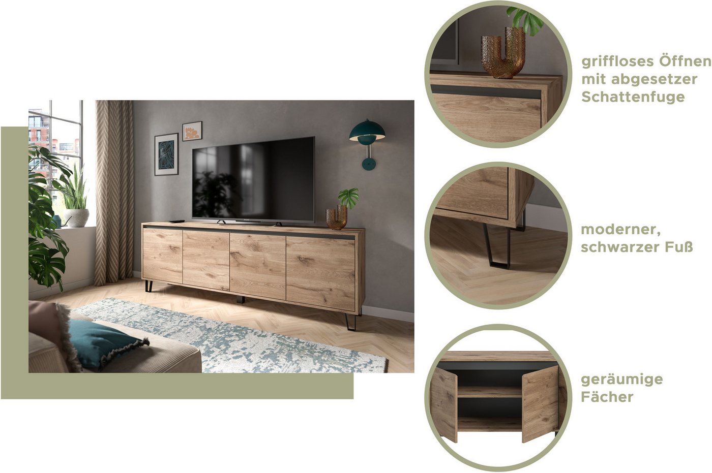 Home affaire Lowboard BALTIC, Breite 184cm, grifflose Fronten, Metall-Füße,4 Türen, 4 Fächer, TV-Möbel, TV-Schrank, TV-Lowboard, Mediaboard – Bild 3 von 5
