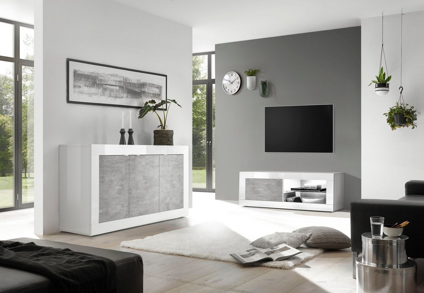 Home affaire Lowboard Basic Breite 140 cm, TV-Board 1 Tür, 2 offene Fächer (Glasboden), TV-Kommode, Metallgriff, moderne Rahmenoptik, Farbauswahl – Bild 4 von 5