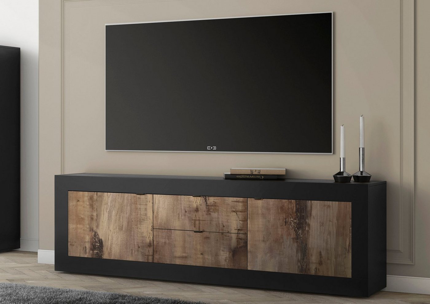Home affaire Lowboard Basic Breite 210 cm, TV-Board 2 Türen, 2 Schubkästen, TV-Schrank, Metallgriff, moderne Rahmenoptik, viel Stauraum, Farbauswahl – Bild 2 von 5
