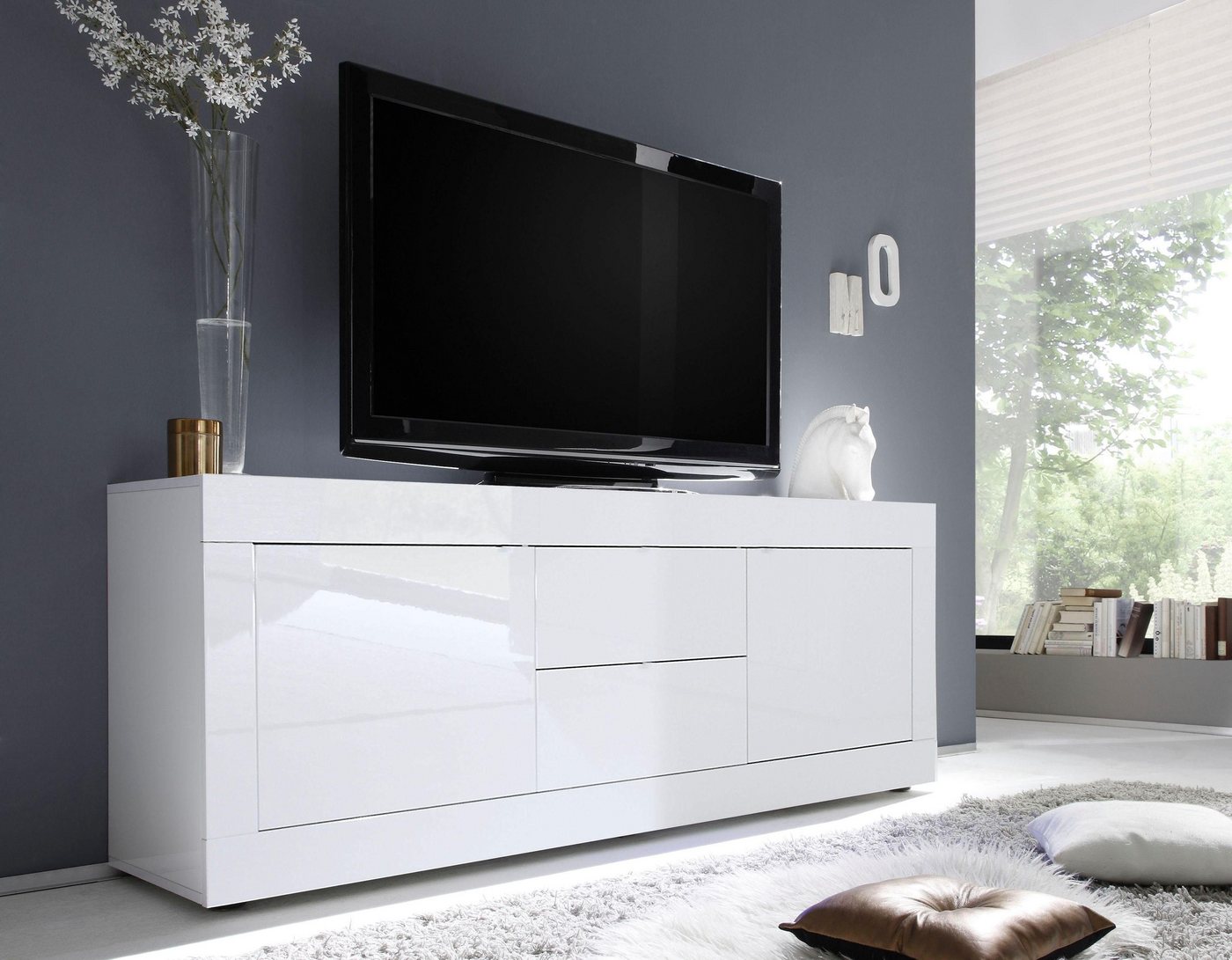 Home affaire Lowboard Basic Breite 210 cm, TV-Board 2 Türen, 2 Schubkästen, TV-Schrank, Metallgriff, moderne Rahmenoptik, viel Stauraum, Farbauswahl – Bild 4 von 5