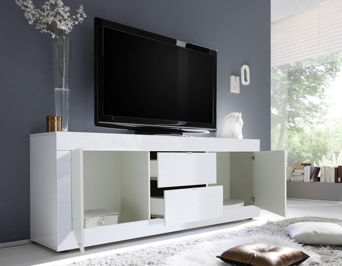 Home affaire Lowboard Basic Breite 210 cm, TV-Board 2 Türen, 2 Schubkästen, TV-Schrank, Metallgriff, moderne Rahmenoptik, viel Stauraum, Farbauswahl – Bild 5 von 5