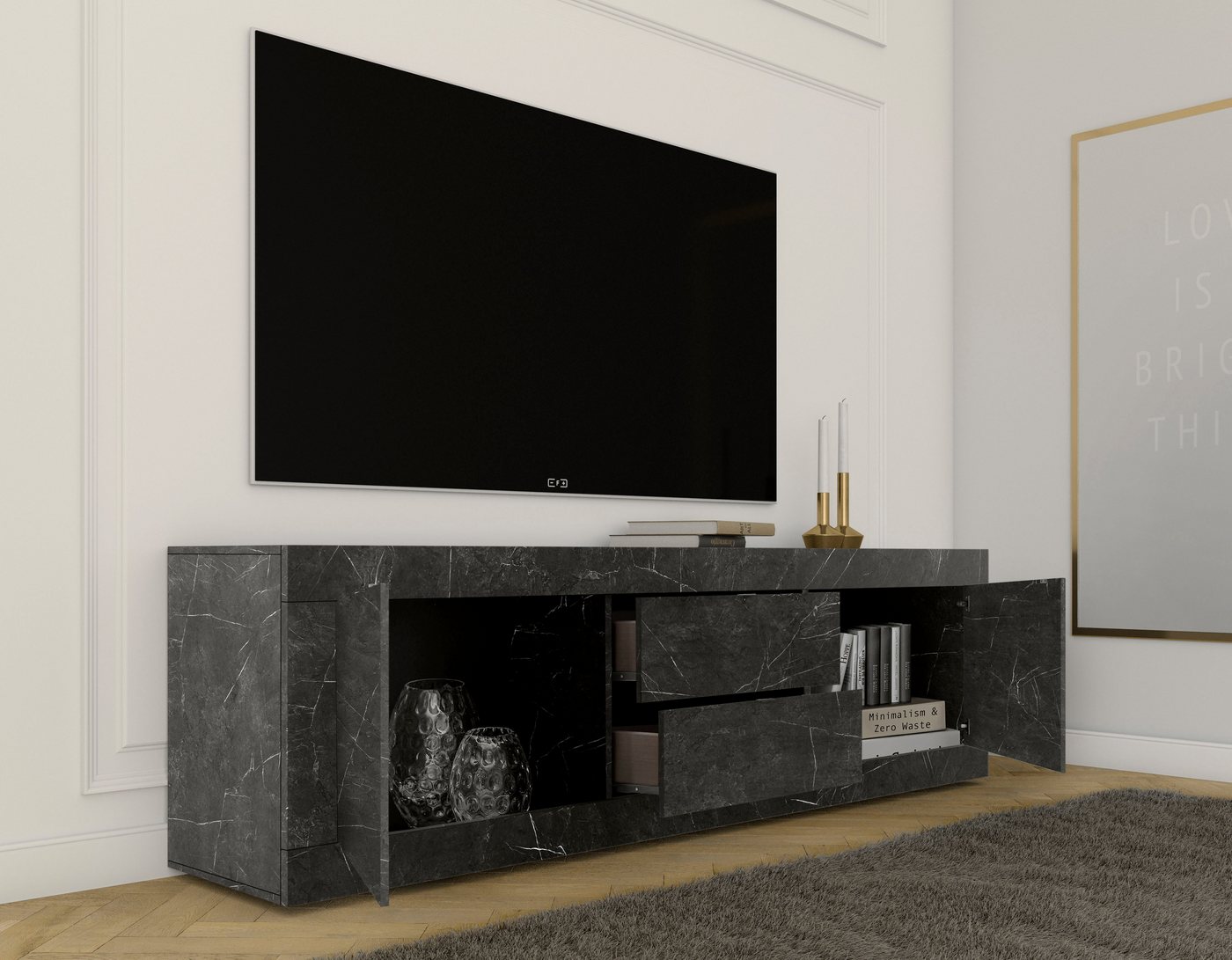 Home affaire Lowboard Basic Breite 210 cm, TV-Board 2 Türen, 2 Schubkästen, TV-Schrank, Metallgriff, moderne Rahmenoptik, viel Stauraum, Farbauswahl – Bild 3 von 5