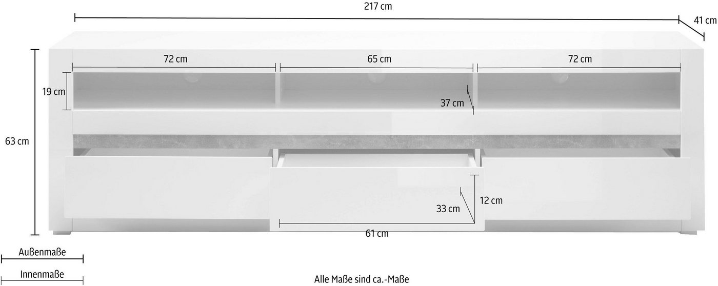 Home affaire Lowboard Carat, Breite 217 cm, Zierleiste 1x betonfarben und 1x weiß – Bild 4 von 5