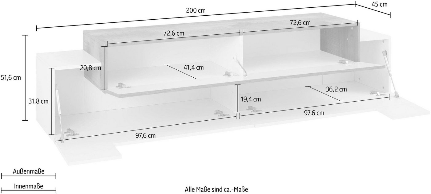 Home affaire Lowboard Coro,Lowboard,TV-Kommode,TV-Möbel,TV-Bank, mit 3 Klappen davon 2 mit Push-to-Open Funktion Breite 200 cm – Bild 5 von 5
