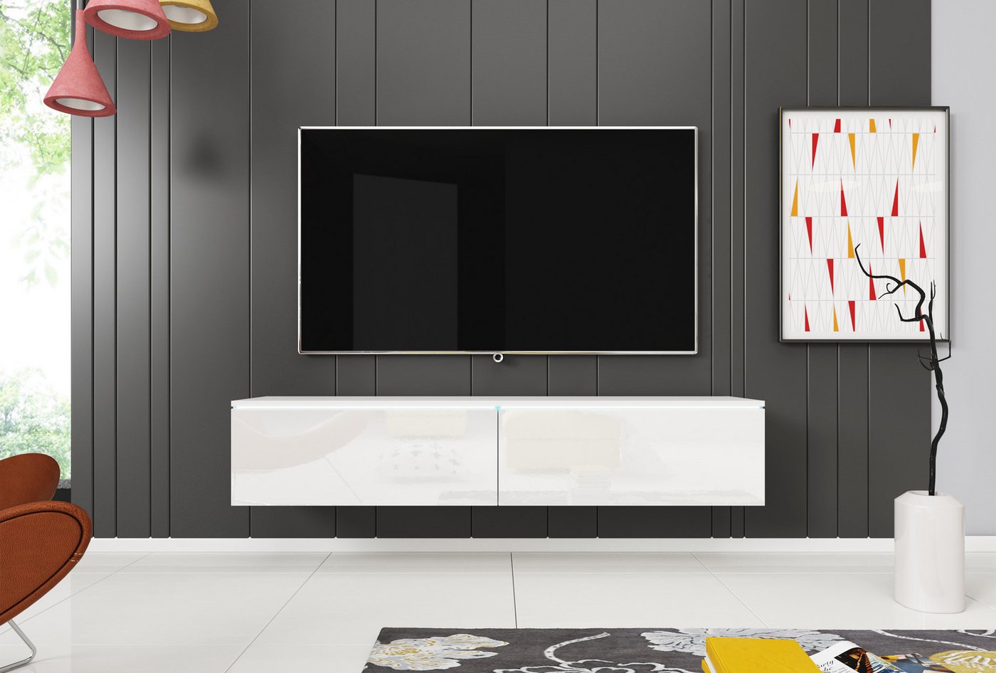 Home affaire Lowboard LOWBOARD D, wahlweise mit oder ohne Beleuchtung, modernes TV-Board ohne Griffe, mit viel Stauraum,stehend und hängend – Bild 2 von 5