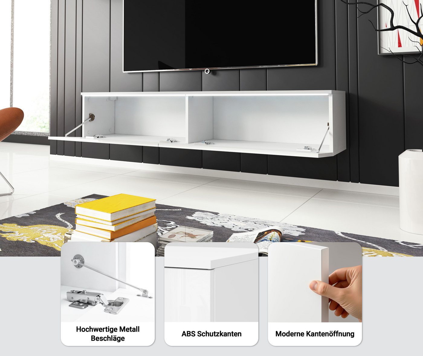 Home affaire Lowboard LOWBOARD D, wahlweise mit oder ohne Beleuchtung, modernes TV-Board ohne Griffe, mit viel Stauraum,stehend und hängend – Bild 4 von 5