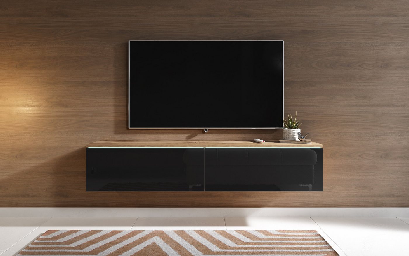 Home affaire Lowboard LOWBOARD D, wahlweise mit oder ohne Beleuchtung, modernes TV-Board ohne Griffe, mit viel Stauraum,stehend und hängend – Bild 2 von 5