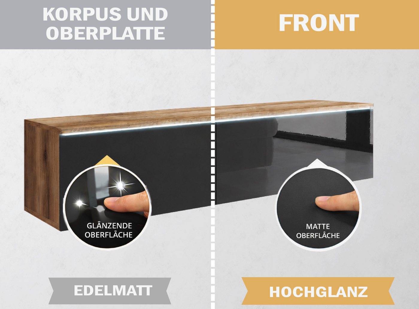 Home affaire Lowboard LOWBOARD D, wahlweise mit oder ohne Beleuchtung, modernes TV-Board ohne Griffe, mit viel Stauraum,stehend und hängend – Bild 4 von 5