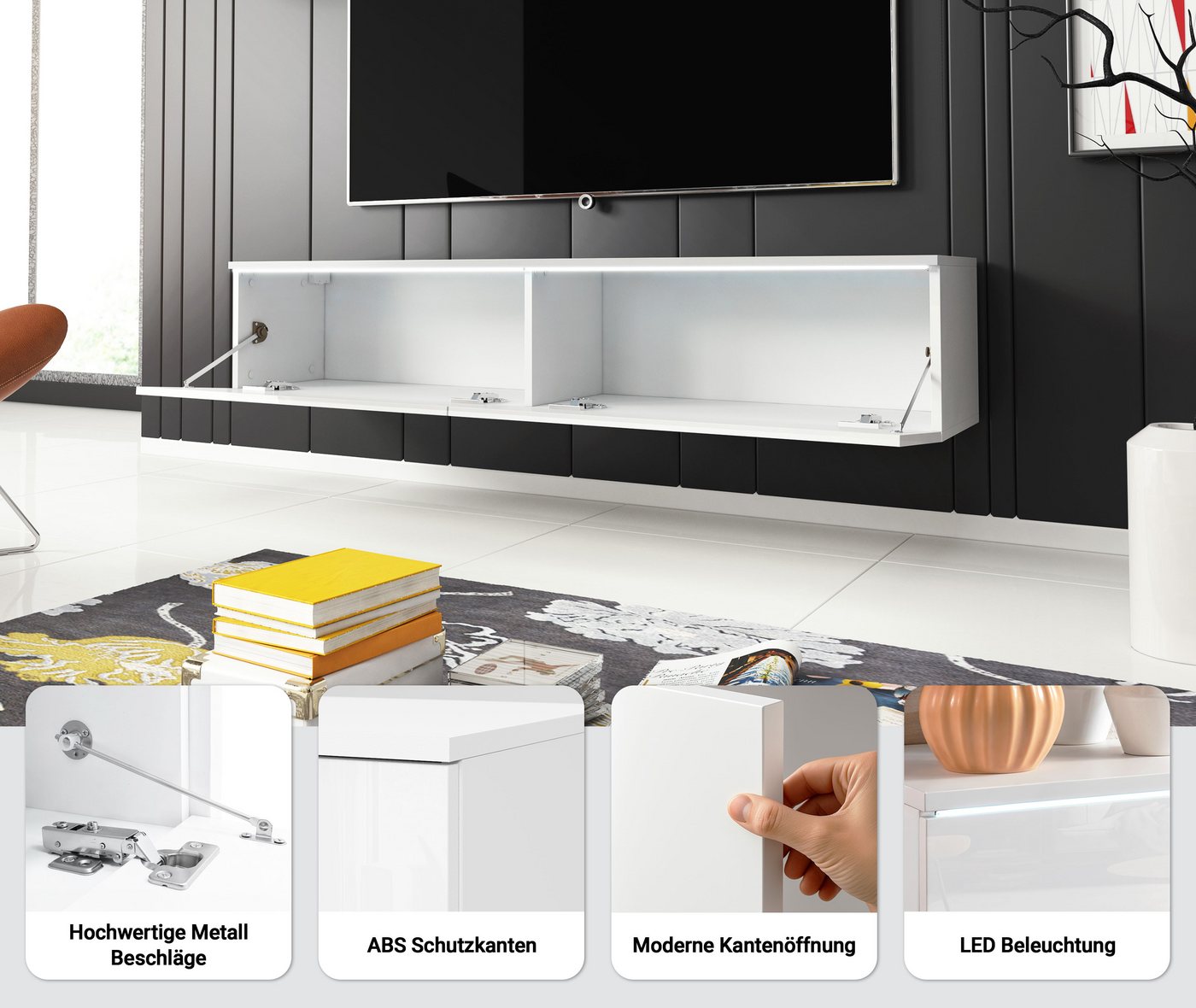 Home affaire Lowboard LOWBOARD D, wahlweise mit oder ohne Beleuchtung, modernes TV-Board ohne Griffe, mit viel Stauraum,stehend und hängend – Bild 5 von 5