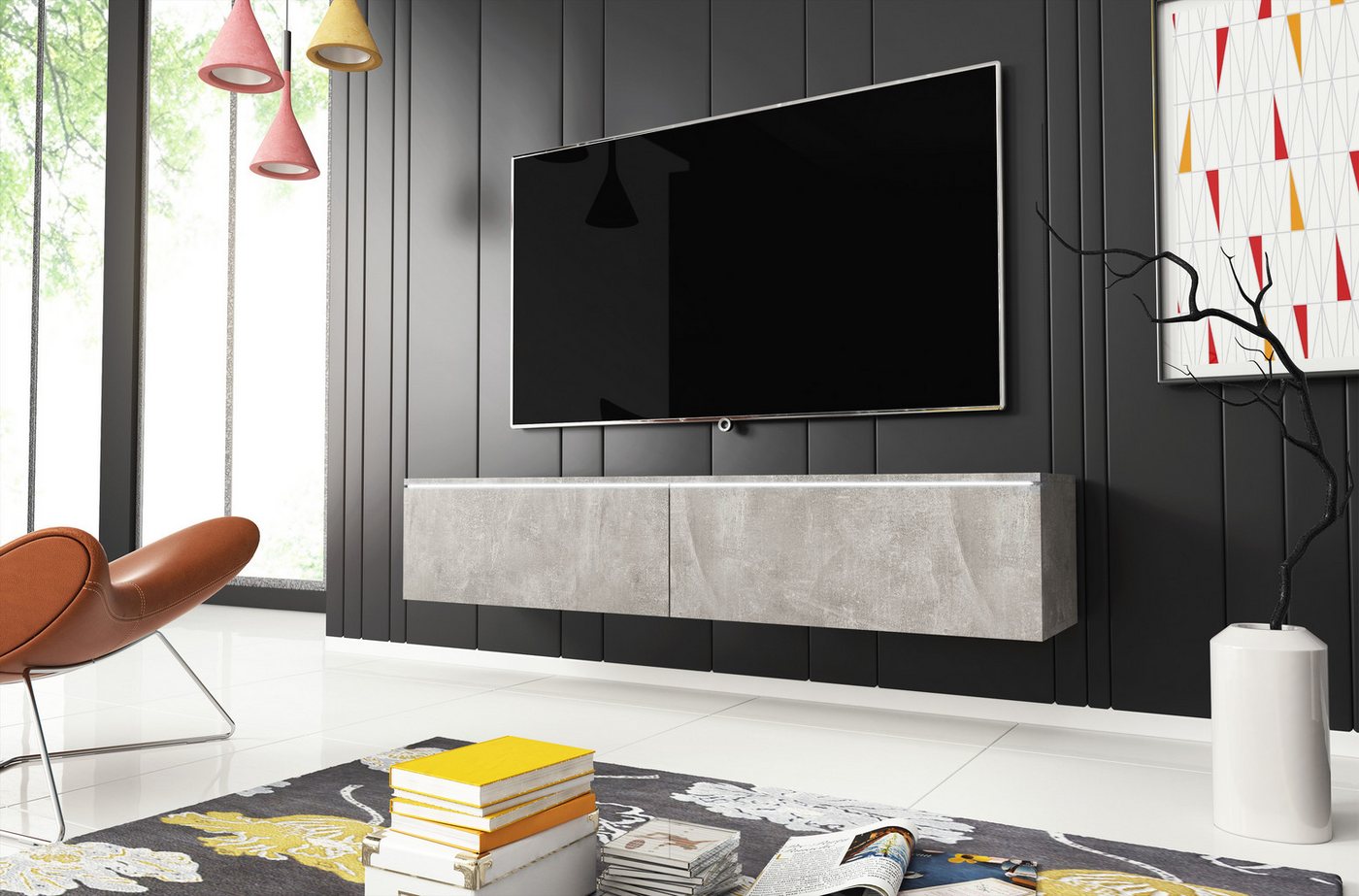 Home affaire Lowboard LOWBOARD D, wahlweise mit oder ohne Beleuchtung, modernes TV-Board ohne Griffe, mit viel Stauraum,stehend und hängend – Bild 5 von 5