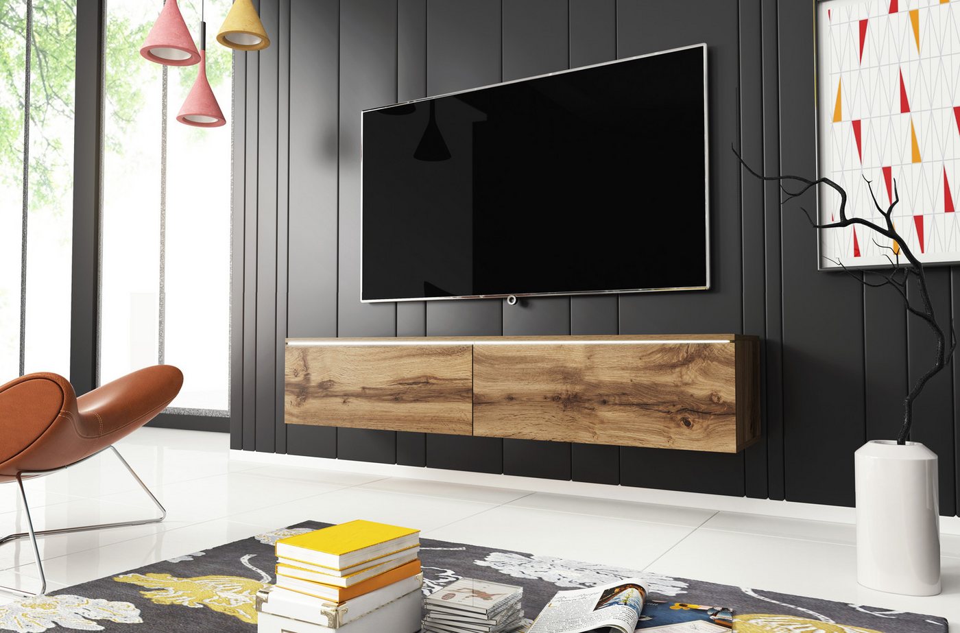 Home affaire Lowboard LOWBOARD D, wahlweise mit oder ohne Beleuchtung, modernes TV-Board ohne Griffe, mit viel Stauraum,stehend und hängend – Bild 4 von 5