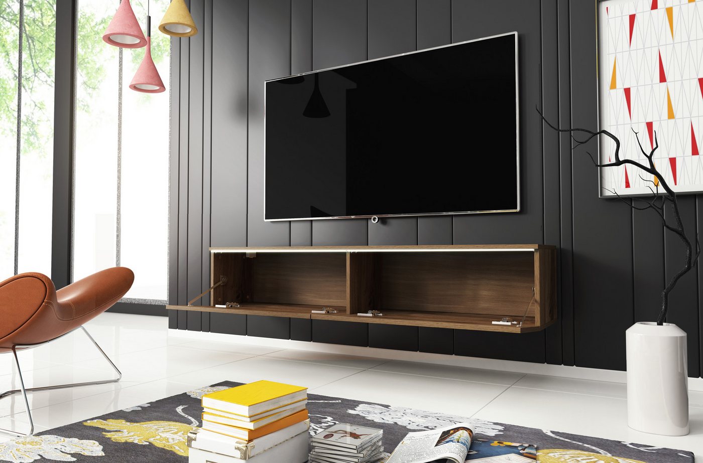 Home affaire Lowboard LOWBOARD D, wahlweise mit oder ohne Beleuchtung, modernes TV-Board ohne Griffe, mit viel Stauraum,stehend und hängend – Bild 5 von 5