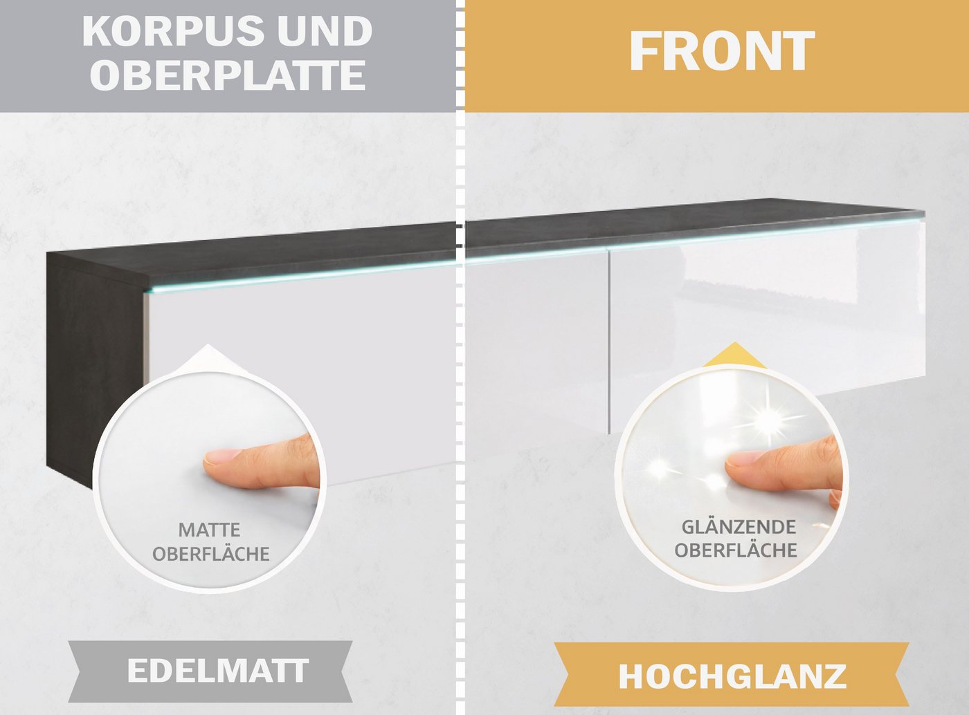 Home affaire Lowboard LOWBOARD D, wahlweise mit oder ohne Beleuchtung, modernes TV-Board ohne Griffe, mit viel Stauraum,stehend und hängend – Bild 5 von 5