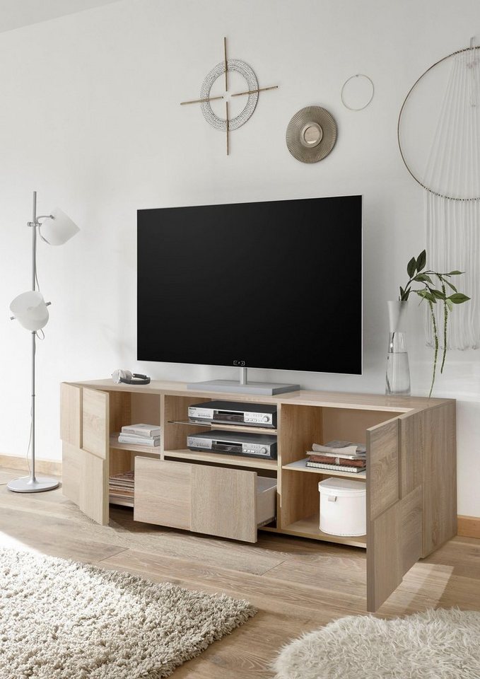 Home affaire Lowboard Dama Breite 181 cm, TV-Board 2 Türen, 1 Schubkasten, TV-Schrank, Front in 3D-Optik, viel Stauraum, verschiedene Farben – Bild 3 von 5