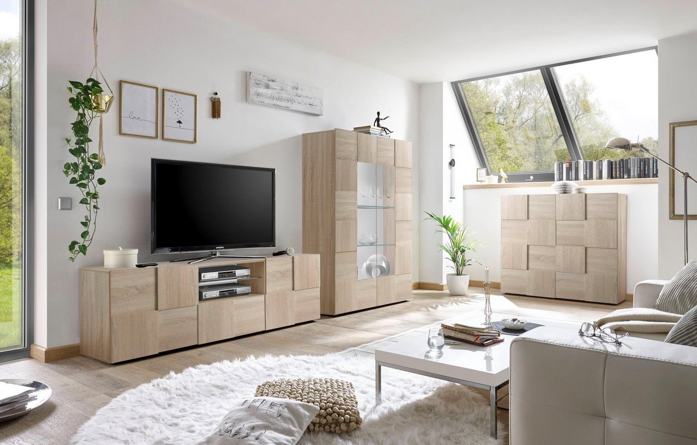Home affaire Lowboard Dama Breite 181 cm, TV-Board 2 Türen, 1 Schubkasten, TV-Schrank, Front in 3D-Optik, viel Stauraum, verschiedene Farben – Bild 4 von 5