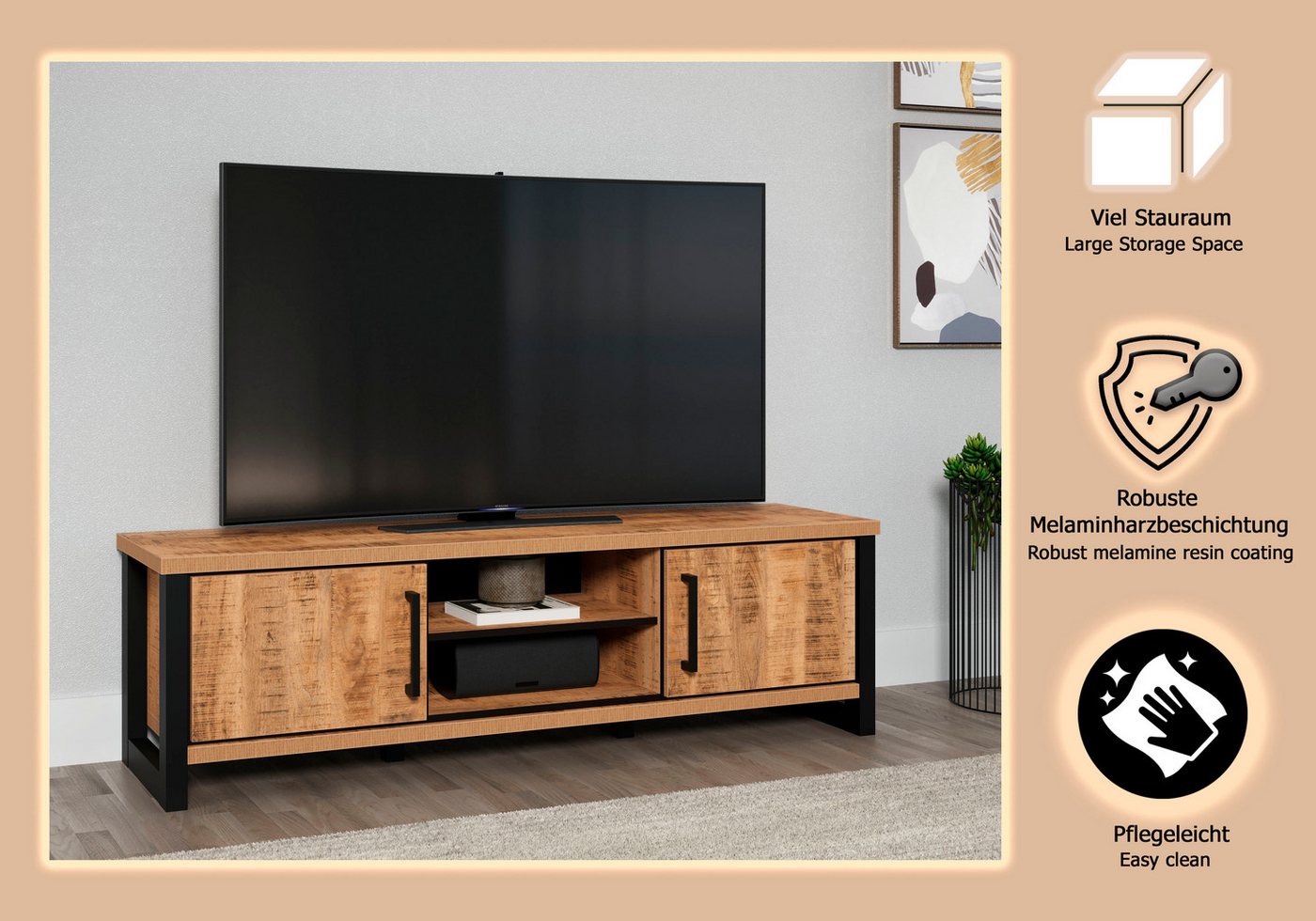 Home affaire Lowboard Elda (1 St), TV Lowboard mit 2 Türen und 2 offenen Fächern – (B/T/H) 166/45/50 cm – Bild 3 von 5