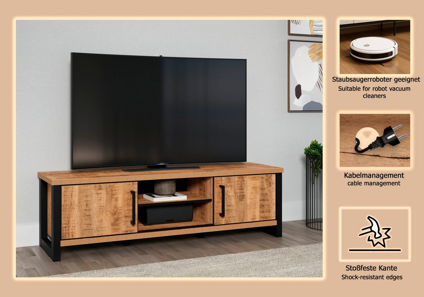 Home affaire Lowboard Elda (1 St), TV Lowboard mit 2 Türen und 2 offenen Fächern – (B/T/H) 166/45/50 cm – Bild 4 von 5