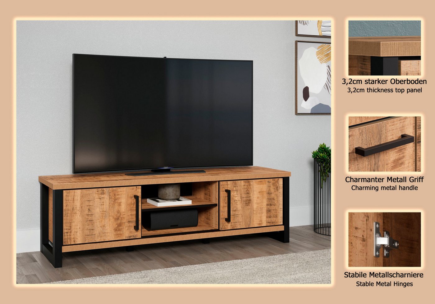 Home affaire Lowboard Elda (1 St), TV Lowboard mit 2 Türen und 2 offenen Fächern – (B/T/H) 166/45/50 cm – Bild 5 von 5