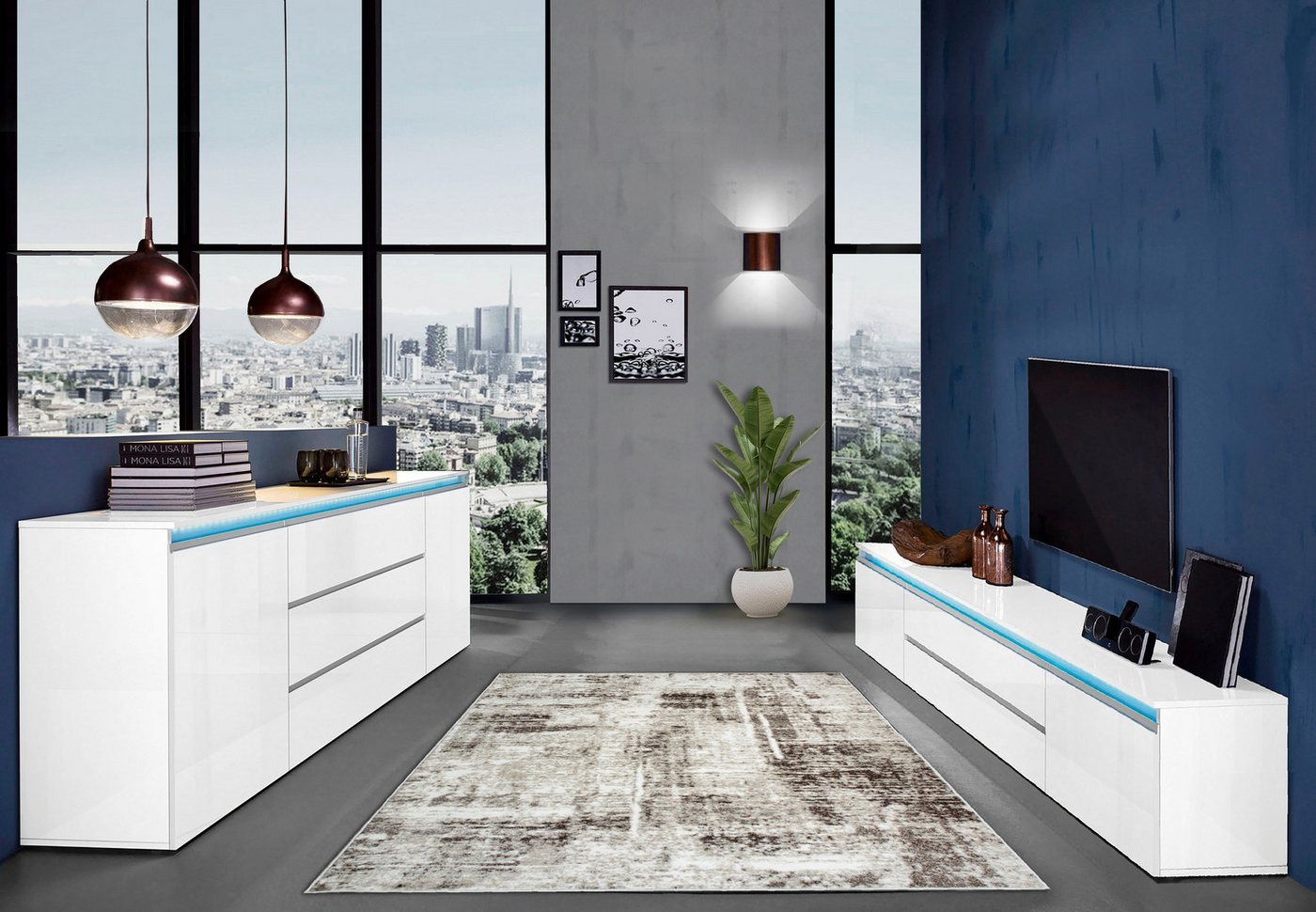 Home affaire Lowboard Magic,Lowboard,TV-Kommode,TV-Möbel,TV-Bank, Hochglanzlackiert, Alugriff, 2 Türen, 2 Schubkästen,B/T/H 240×40×55 cm – Bild 3 von 5
