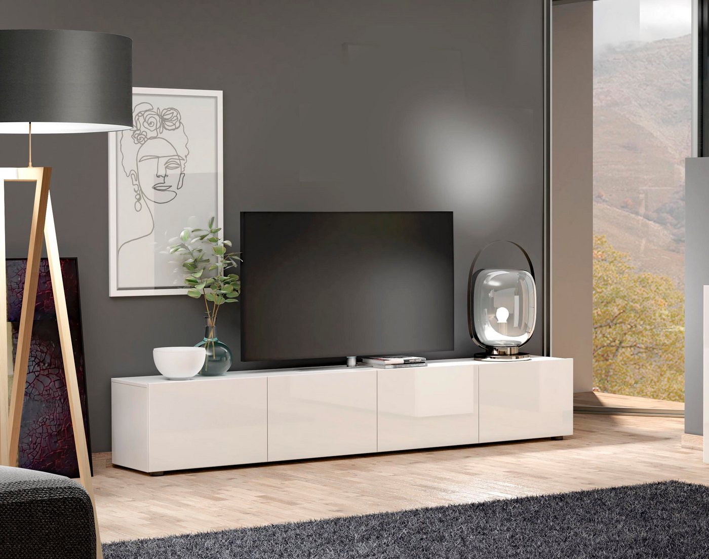Home affaire Lowboard Mister, TV-Board, TV-Bank, TV-Kommode, TV-Möbel, mit 4 Klappen, komplett Hochglanz Lackiert, Breite 225 cm – Bild 4 von 5