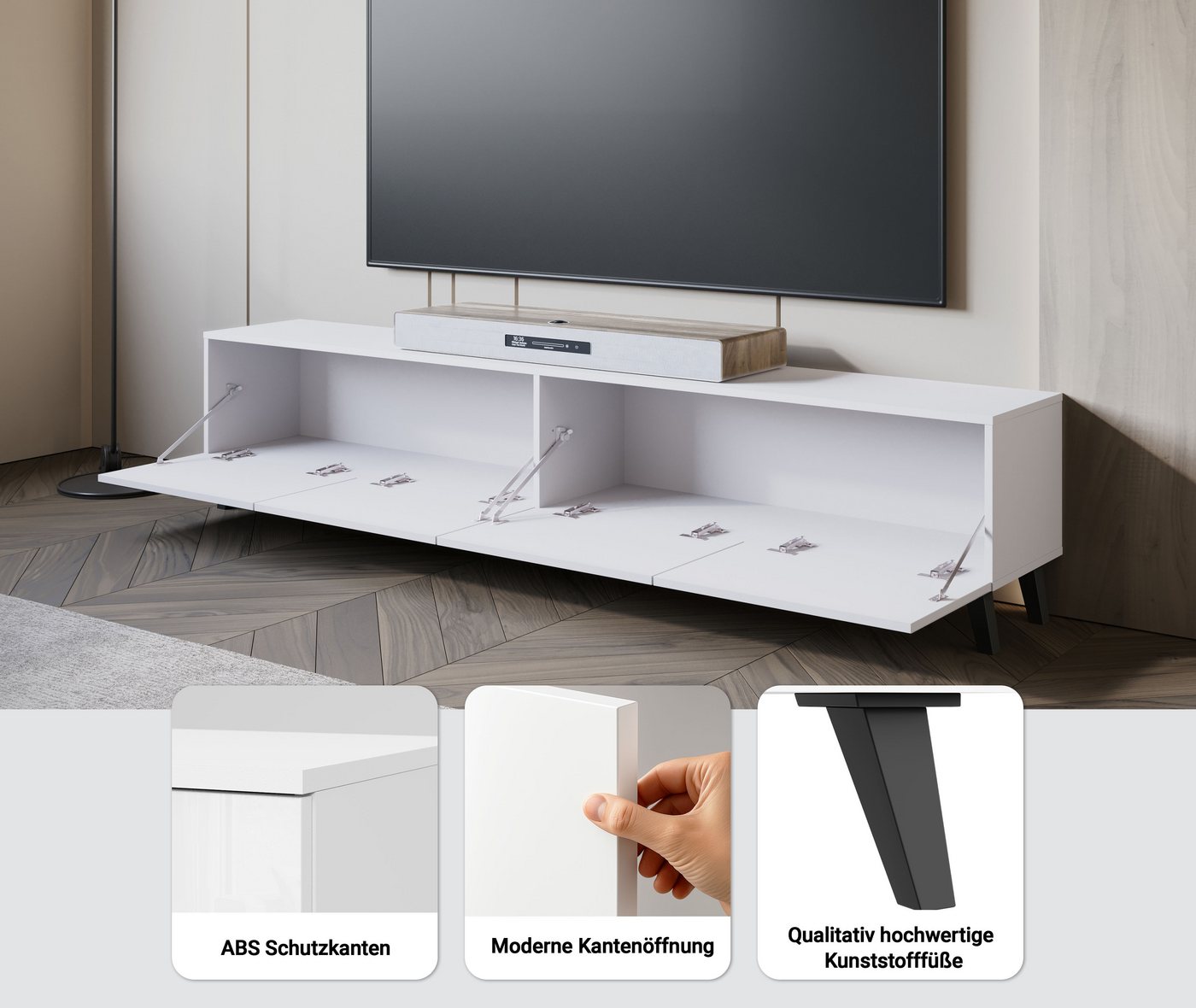 Home affaire Lowboard LOWBOARD PHUKET II, TV-Kommode Breite 190cm (1 St), Modernes, griffloses Design mit 4 Klappen in eleganten, matten Farben – Bild 3 von 5