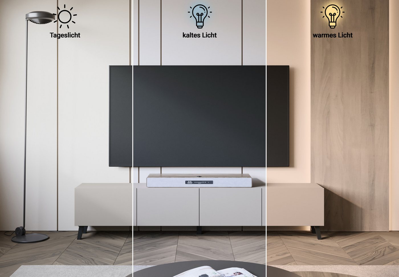 Home affaire Lowboard LOWBOARD PHUKET II, TV-Kommode Breite 190cm (1 St), Modernes, griffloses Design mit 4 Klappen in eleganten, matten Farben – Bild 5 von 5