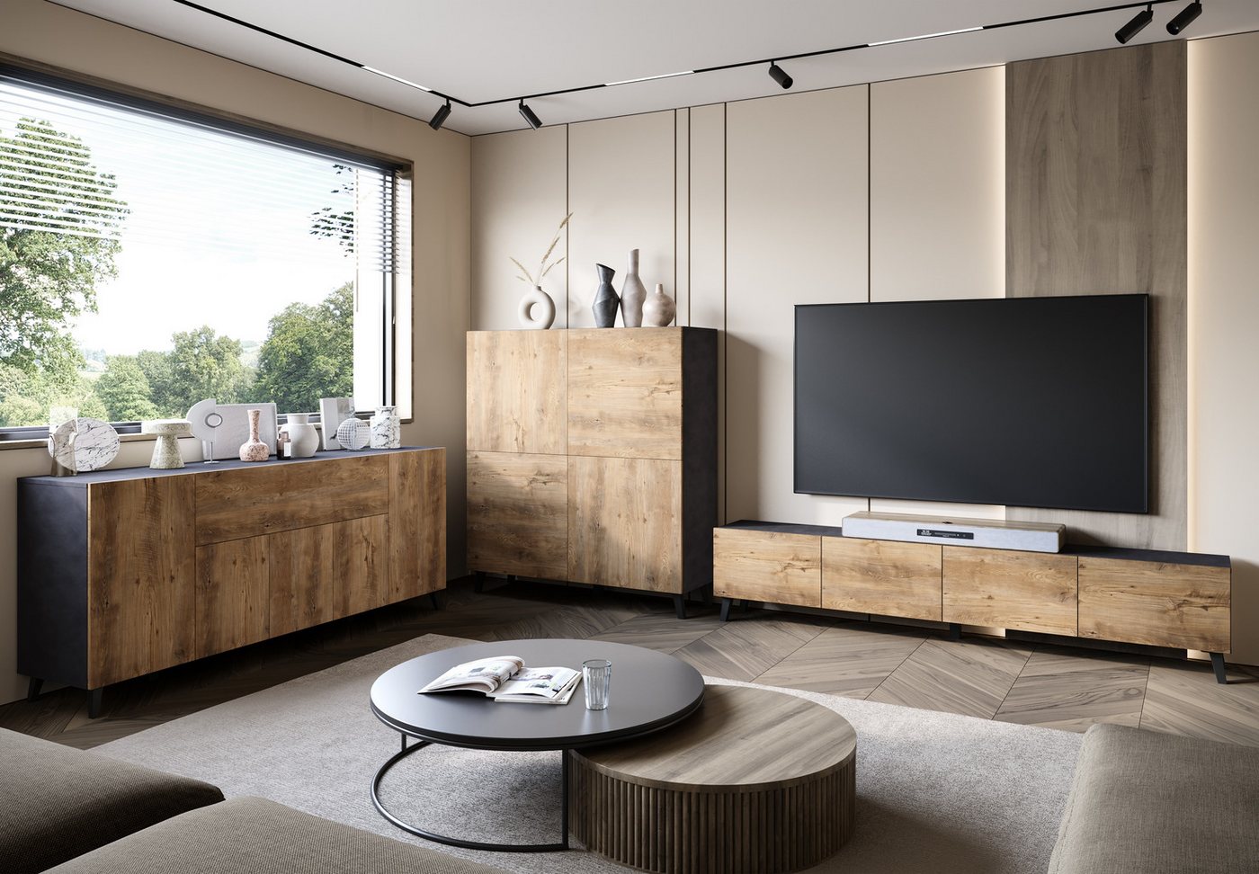 Home affaire Lowboard LOWBOARD PHUKET II, TV-Kommode Breite 190cm (1 St), Modernes, griffloses Design mit 4 Klappen in eleganten, matten Farben – Bild 4 von 5