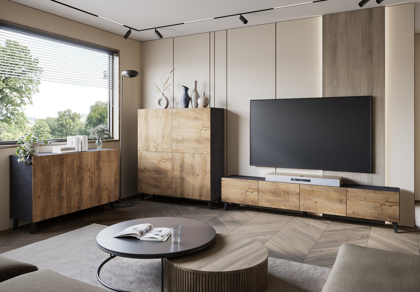 Home affaire Lowboard LOWBOARD PHUKET II, TV-Kommode Breite 190cm (1 St), Modernes, griffloses Design mit 4 Klappen in eleganten, matten Farben – Bild 5 von 5