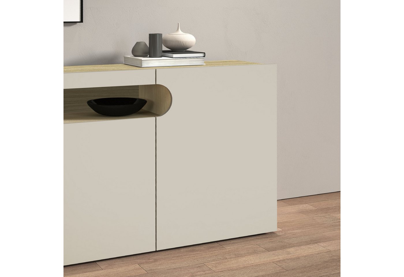 Home affaire Lowboard REAL TV-Möbel, 240 cm breit, 40/60 cm hoch, Hochglanz oder matt, Mit 4 Türen, davon 2 abgerundet, die ein ovales offenes Fach bilden – Bild 5 von 5