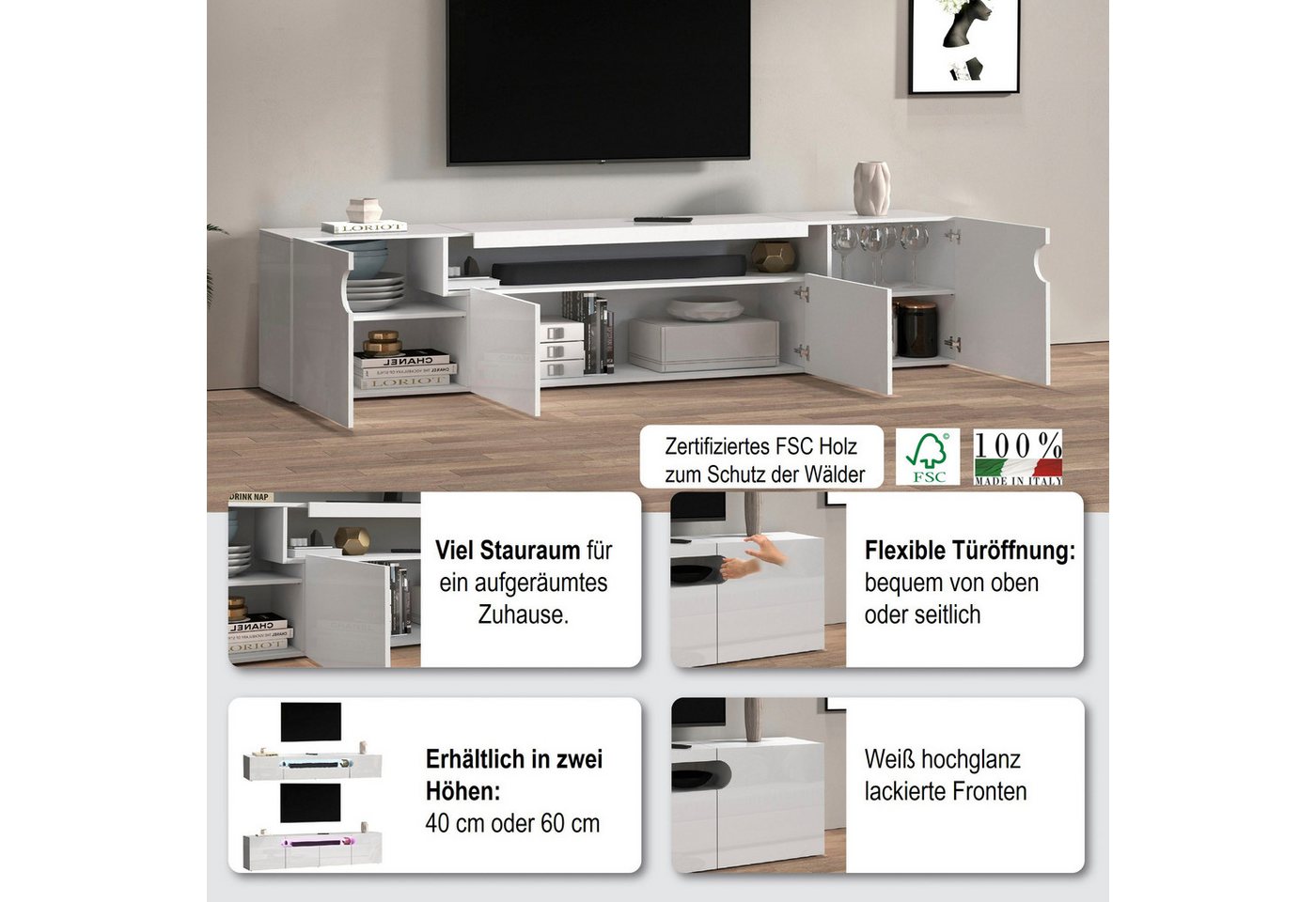 Home affaire Lowboard REAL TV-Möbel, 240 cm breit, 40/60 cm hoch, Hochglanz oder matt, Mit 4 Türen, davon 2 abgerundet, die ein ovales offenes Fach bilden – Bild 3 von 5