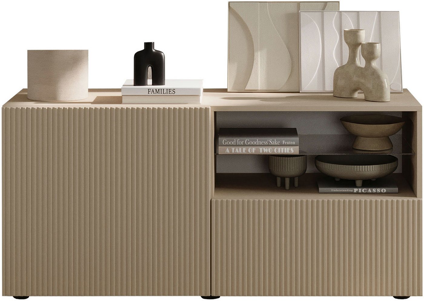 Home affaire Lowboard Rio Breite 120 cm, TV-Board 1 Tür u. 1 Schubkasten, TV-Schrank, geriffelte MDF-Fronten, modern u. elegant, Kabelführung, platzsparend – Bild 2 von 5