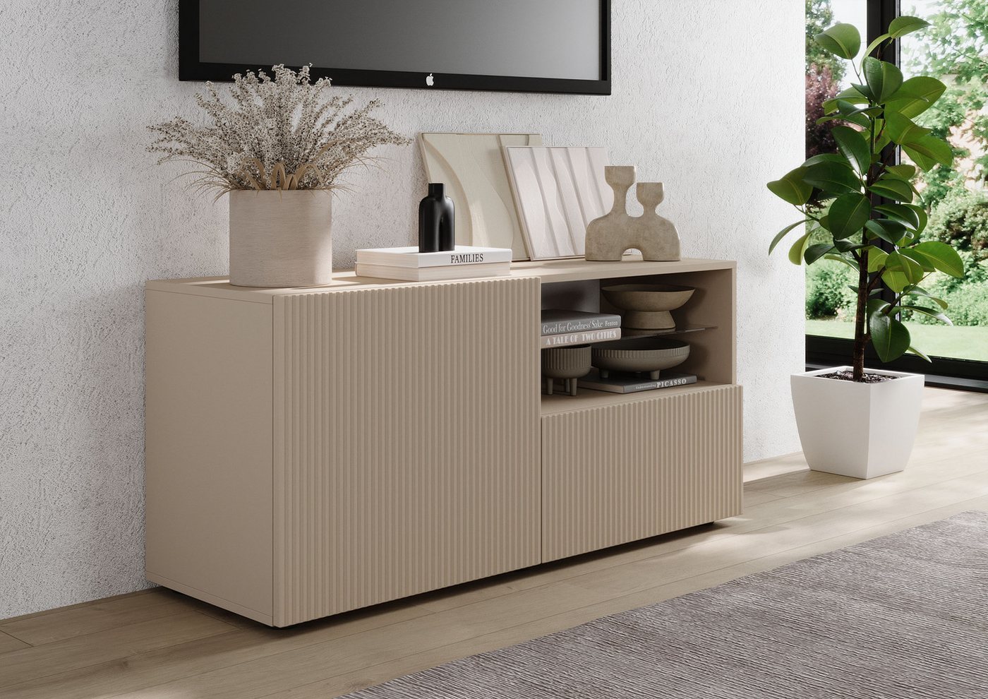 Home affaire Lowboard Rio Breite 120 cm, TV-Board 1 Tür u. 1 Schubkasten, TV-Schrank, geriffelte MDF-Fronten, modern u. elegant, Kabelführung, platzsparend – Bild 5 von 5