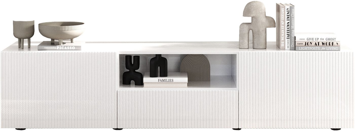 Home affaire Lowboard Rio Breite 181 cm, TV-Board 2 Türen u. 1 Schubkasten, TV-Schrank, geriffelte MDF-Fronten, modern u. elegant, Kabelführung, viel Stauraum – Bild 2 von 5