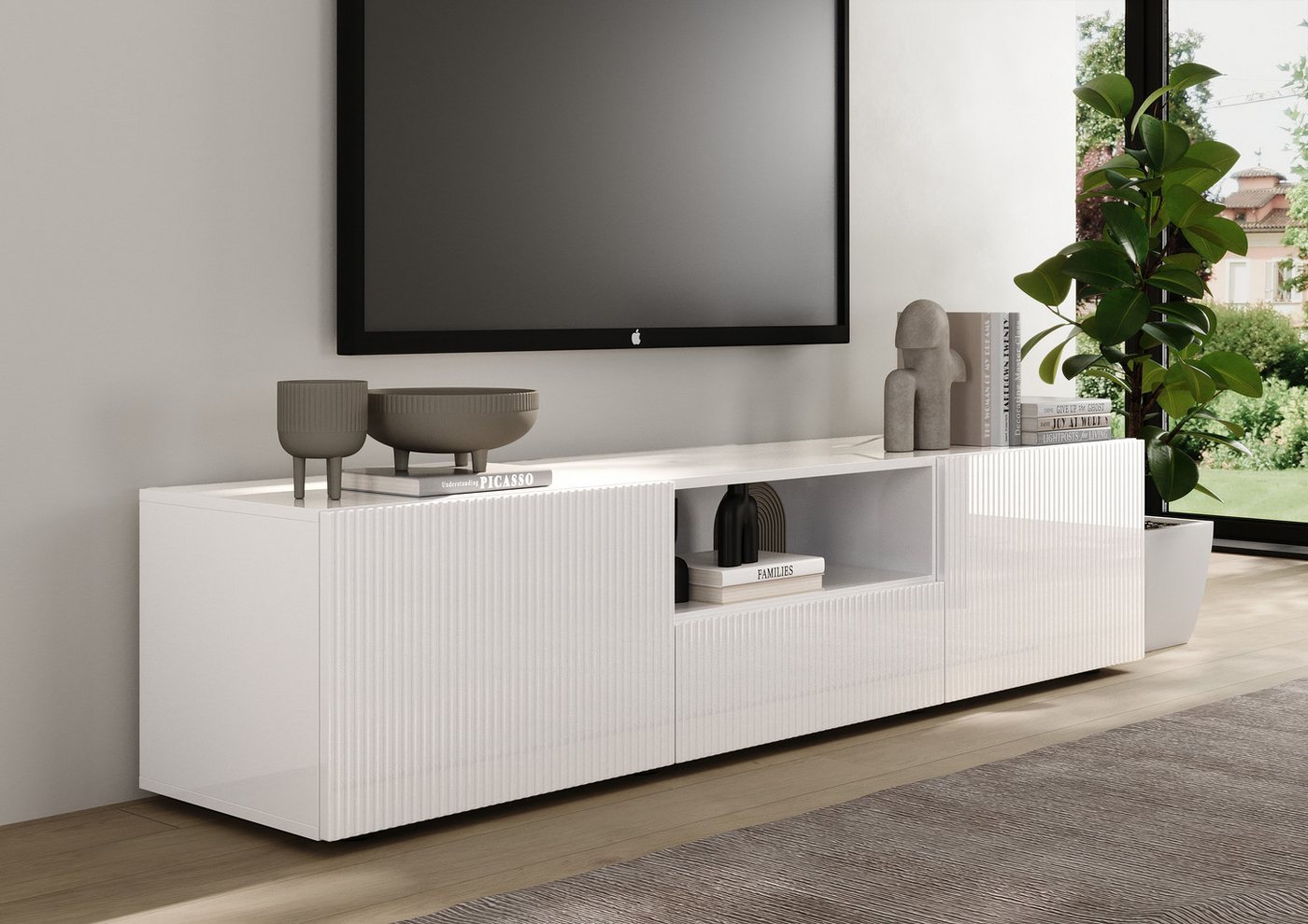 Home affaire Lowboard Rio Breite 181 cm, TV-Board 2 Türen u. 1 Schubkasten, TV-Schrank, geriffelte MDF-Fronten, modern u. elegant, Kabelführung, viel Stauraum – Bild 4 von 5