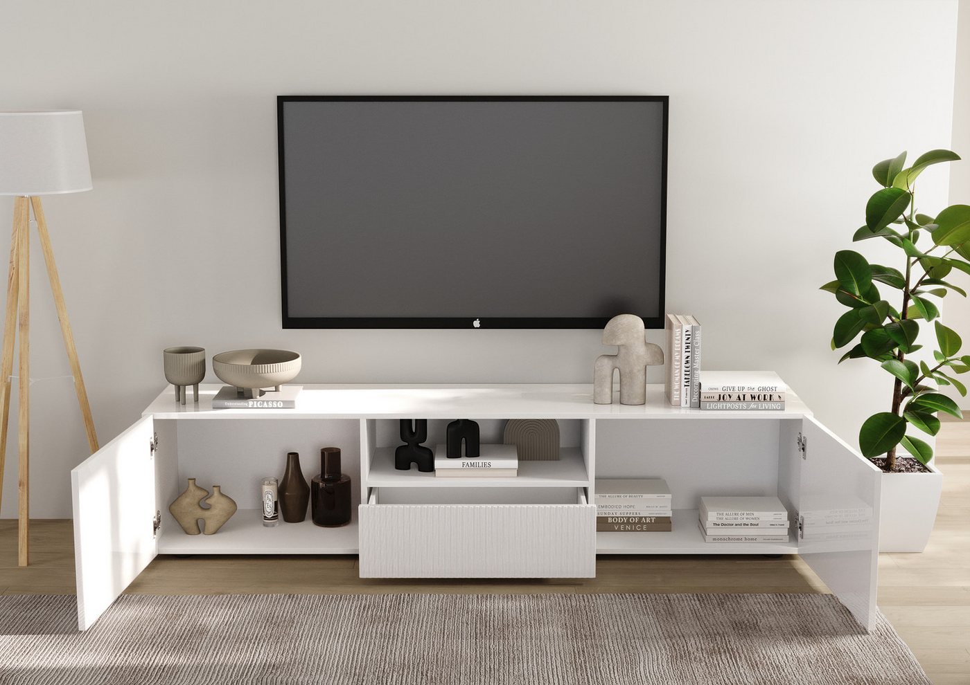 Home affaire Lowboard Rio Breite 181 cm, TV-Board 2 Türen u. 1 Schubkasten, TV-Schrank, geriffelte MDF-Fronten, modern u. elegant, Kabelführung, viel Stauraum – Bild 5 von 5