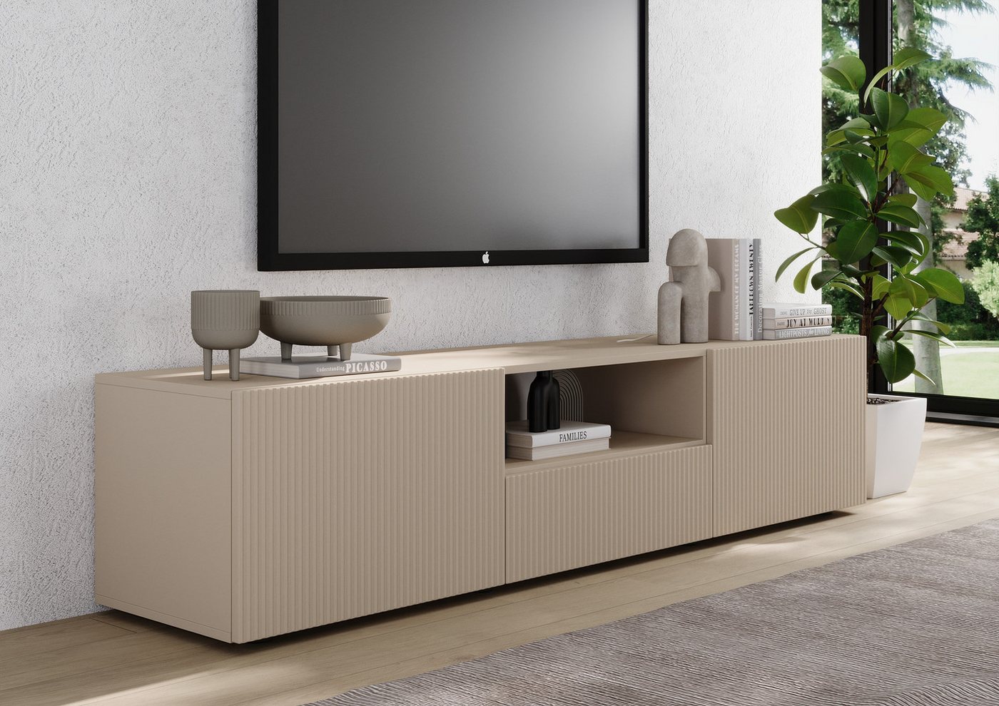 Home affaire Lowboard Rio Breite 181 cm, TV-Board 2 Türen u. 1 Schubkasten, TV-Schrank, geriffelte MDF-Fronten, modern u. elegant, Kabelführung, viel Stauraum – Bild 4 von 5