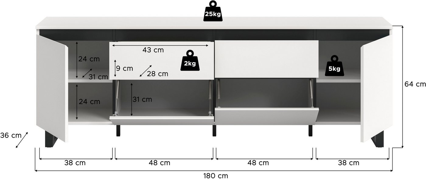 Home affaire Lowboard TOMA, 188cm breit, Metall-Kufen-Fuß, 2 Türen, 2 Schubkästen,2 Klappen, TV-Lowboard, Mediaschrank, Mediaboard, TV-Schrank, Schrank, Board – Bild 5 von 5