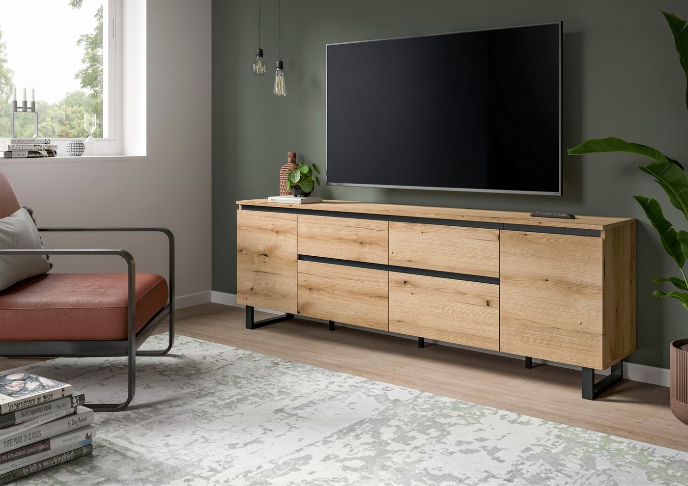 Home affaire Lowboard TOMA, 188cm breit, Metall-Kufen-Fuß, 2 Türen, 2 Schubkästen,2 Klappen, TV-Lowboard, Mediaschrank, Mediaboard, TV-Schrank, Schrank, Board – Bild 2 von 5