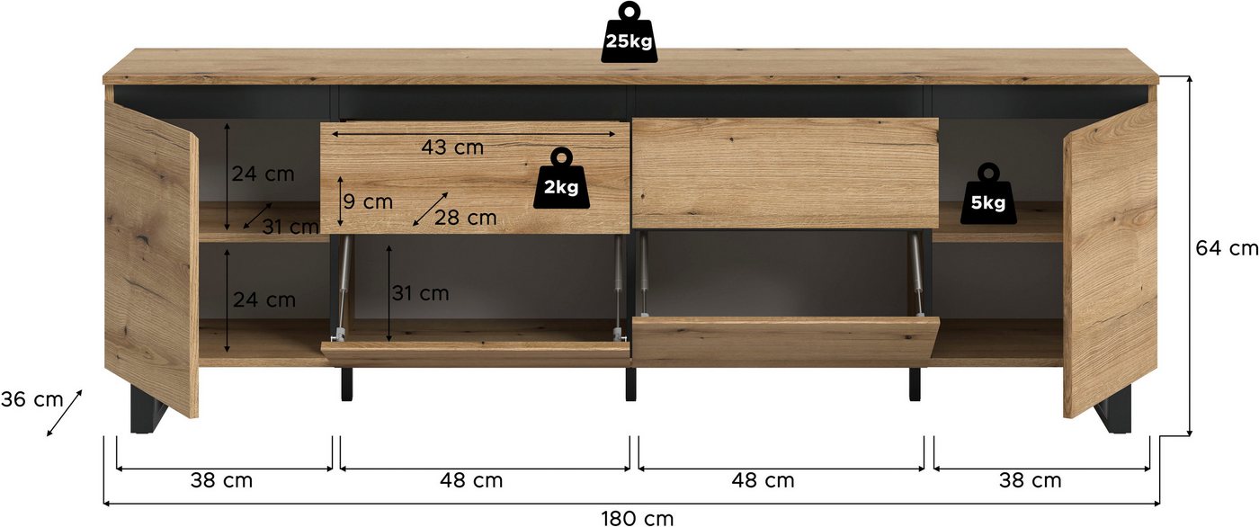 Home affaire Lowboard TOMA, 188cm breit, Metall-Kufen-Fuß, 2 Türen, 2 Schubkästen,2 Klappen, TV-Lowboard, Mediaschrank, Mediaboard, TV-Schrank, Schrank, Board – Bild 5 von 5