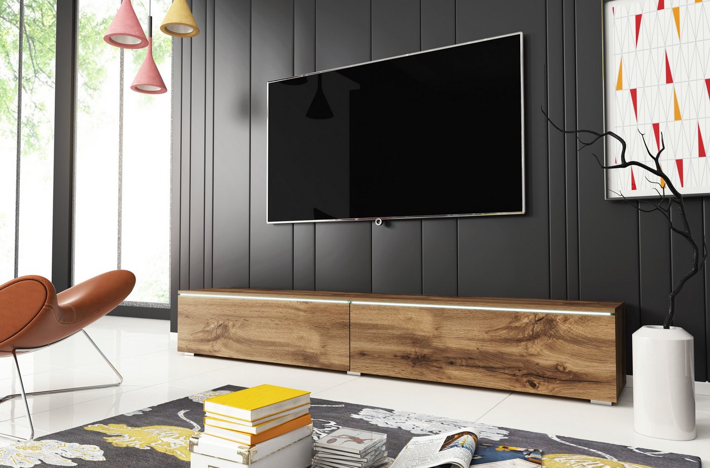 Home affaire Lowboard LOWBOARD VERA, wahlweise mit oder ohne Beleuchtung, Modernes griffloses TV-Board, 180 cm TV-Schrank, stehend und hängend – Bild 2 von 5